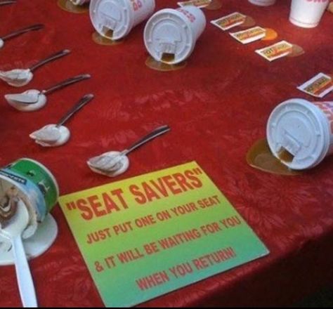 These are awesome!!! Save Your Seat with a Fake Spilled Treat Funny Commercial Ads, Funny Commercials, Commercial Ads, Take My Money, April Fools, A Sign, Bones Funny, Fun Stuff, Make Me Smile