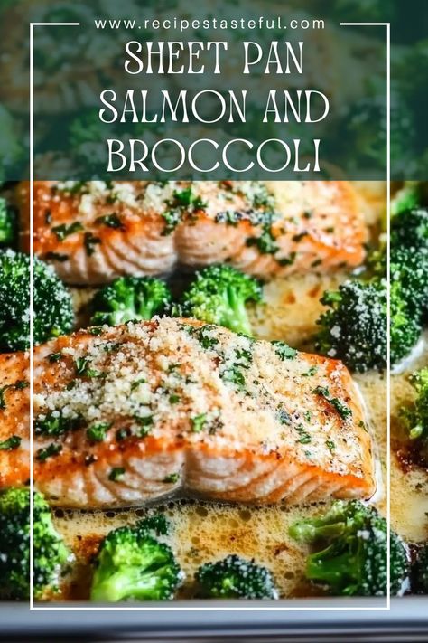 A healthy and delicious one-pan meal that's easy to prepare and packed with flavor. Enjoy flaky salmon paired with tender broccoli, all topped with garlic and Parmesan cheese. Broccoli With Garlic, Sheet Pan Salmon, Parmesan Salmon, Sheet Pan Meals, Pan Salmon, Salmon Recipes Baked Healthy, Parmesan Broccoli, Salmon And Broccoli, Easy Sheet Pan Dinners