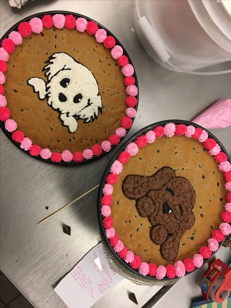 Cookie Cake’s Anniversary Cookie Cake, Dog Cookie Cake Design, Birthday Cookie Cakes, Message Cookies Ideas, Cookie Cake Decorating Ideas Birthdays, Great American Cookie Cake Designs Birthday, Decorated Cookie Cake, Large Cookie Cake, Pizza Brownie