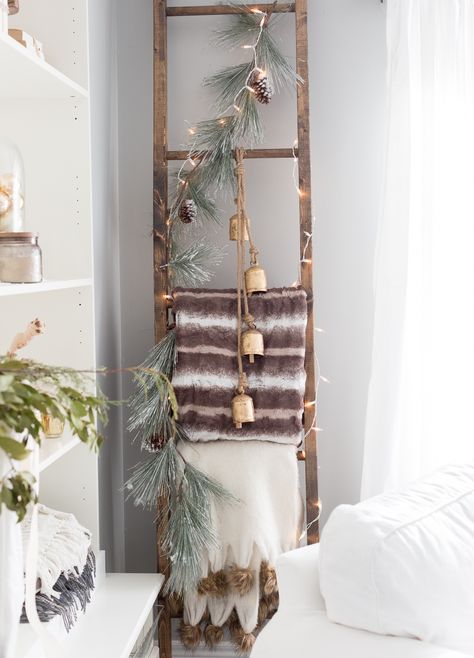 Sunbeam electro throw on ladder Bells On Blanket Ladder, How To Decorate A Blanket Ladder For Christmas, Indoor Ladder Christmas Decor, Wreath On Blanket Ladder, Winter Ladder Decor, Holiday Ladder Decor, Stockings On Ladder Christmas, Christmas Blanket Ladder Decor, Blanket Ladder Christmas