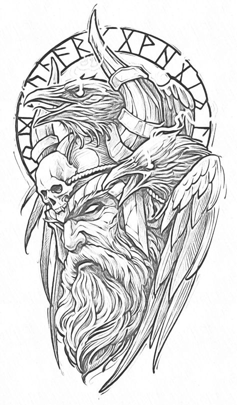 Thor Tattoo Design Norse Mythology, Odin Face Tattoo, Dwarven Tattoo Design, Viking Drawings Easy, Viking Tattoo Stencil, Viking Warrior Tattoo Design, Native American Tattoo Drawings, Mjolnir Tattoo Design, Odin Drawing