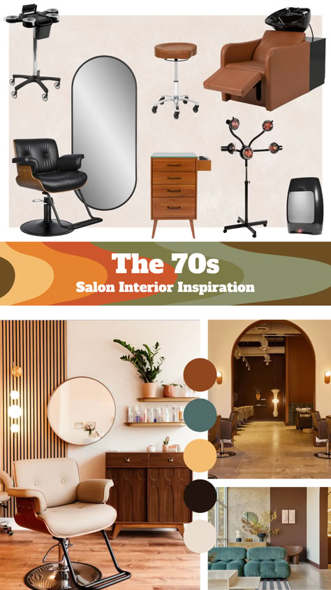 A mood board inspired by the 70s in salon interior inspiration. Mid Century Modern Salon Suite, Retro Salon Aesthetic, Retro Salon Decor, 70s Salon, Hairdresser Interior, Modern Salon Suite, Vintage Salon Decor, Brow Salon, Mobile Beauty Salon