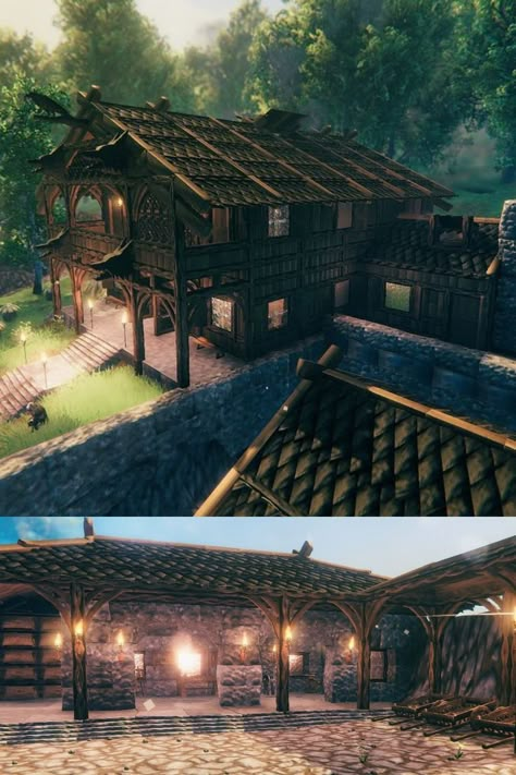 the_arkadian Large new build completed; integral enclosed docks large enough to shelter a full-sized longship, secure compound surrounded by a moat with workshop. The house features two bedrooms - one for the jarl, and another for guests. The banquet hall can host 10 guests, the jarl presiding over affairs from the throne. #valheim #gaming #pcgaming #steam #vikinggames #relaxinggame Ark Survival Evolved Bases, Cottage Minecraft, Blossom House, Viking House, Conan Exiles, Base Building, City Layout, House Games, Ark Survival Evolved