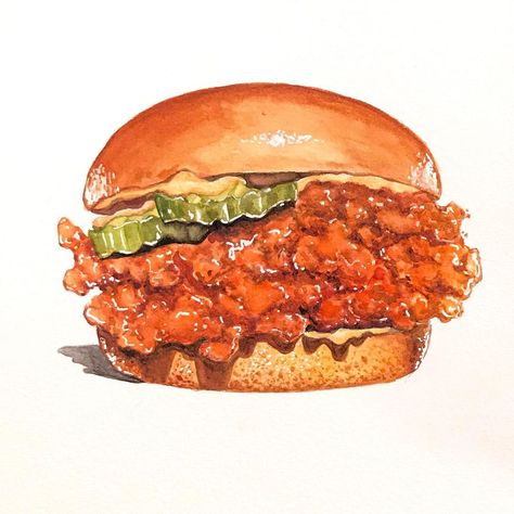 Sandwich Cartoon, Food Sketches, Spicy Chicken Sandwich, Drawn Food, Food Illustration Design, Spicy Chicken Sandwiches, Japanese Festival, Food Artwork, Food Sketch