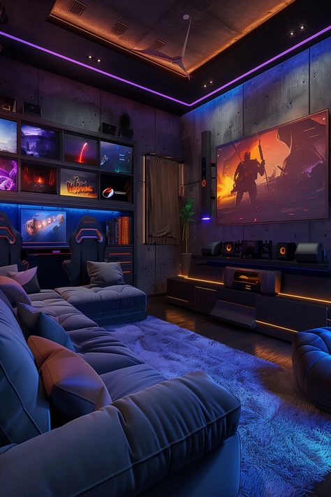 Game Theater Room, Gaming Home Decor, Gaming Room Design Ideas, Movie And Game Room Ideas, Large Room Ideas, Small Entertainment Room Ideas, Tiny Tv Room Ideas, Gaming Living Room Ideas, Light Ideas Living Room