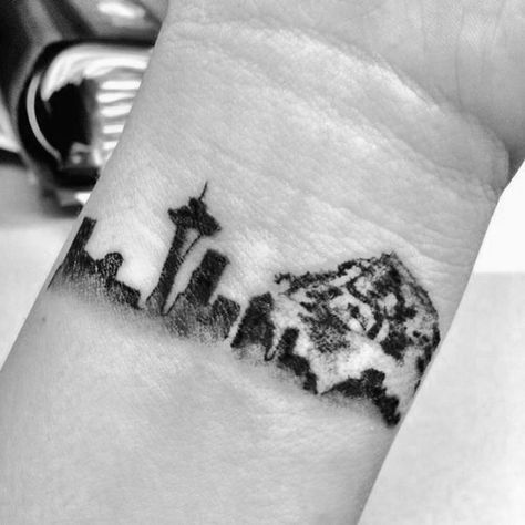 Seattle Skyline Tattoo, State Tattoo Ideas, Seattle Tattoos, Washington State Tattoos, Someday Tattoo, Washington Tattoo, Wrist Tatoo, Skyline Tattoo, State Tattoos