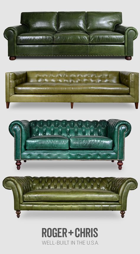 Green leather sofas, green leather Chesterfields, green leather couches, green leather furniture from Roger and Chris  Green leather sofas made in the U.S.A.Bench-made in North Carolina by skilled craftspeople.Custom-engineered frame built using blocks in all corners, double-dowel or mortise-and-tenon joinery, metal fasteners, and glue.Seat cushions made from multi-density foam core, wrapped in channel-stitched down.   #rogerandchris Tan Leather Chair, Green Leather Sofa, Leather Couches, Leather Couches Living Room, Best Leather Sofa, Leather Sofa Living Room, Green Couch, Leather Chesterfield, Living Room Sofa Design