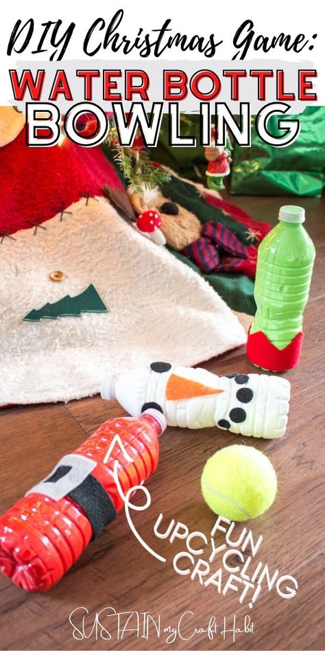 Give the family something to do this holiday with this DIY Christmas game of water bottle bowling made from upcycled plastic bottles! #sustainmycrafthabit Christmas Bowling Game, Diy Bowling Pins, Hristmas Crafts, Diy Family Games, Creative Christmas Crafts, Christmas Game, Handmade Christmas Crafts, Christmas Crafts To Make, Education Activities