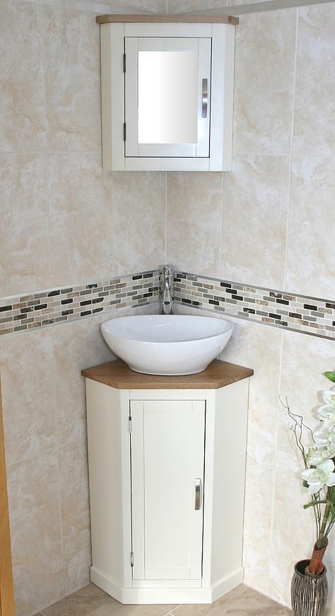 Ceramic or Glass Basin to Finish This Corner Oak Top Painted Vanity Unit White Vanity Unit, Corner Bathroom Vanity, Corner Sink Bathroom, Corner Vanity Unit, Corner Bathroom, Corner Vanity, Toilet Vanity, Glass Basin, Painted Vanity