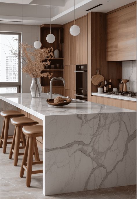 Kitchen Beige Aesthetic, Contemperory Kitchen, Closed Kitchen Interior Design, Modern Style Kitchen Cabinets, Kitchen Walnut Cabinets White Countertops, Kitchen White Wood Modern, Tall Kitchen Ceilings Upper Cabinets, Modern With Wood Accents, Kitchen Home Ideas