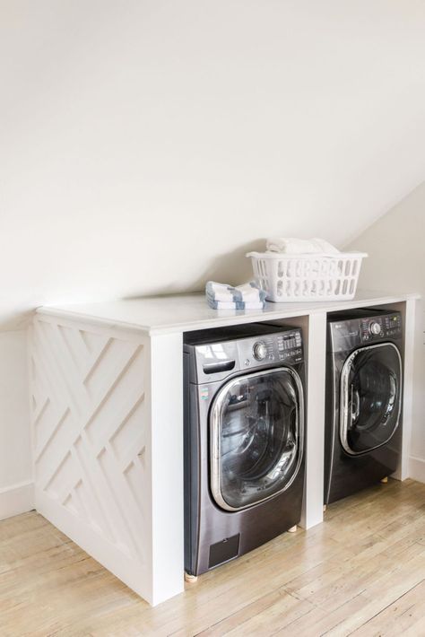 Slanted Ceiling Bathroom, Room With Slanted Ceiling, Lg Washer And Dryer, Angled Ceiling, Red Roof Inn, Attic Closet, Large Hallway, Laundry Space, Slanted Ceiling