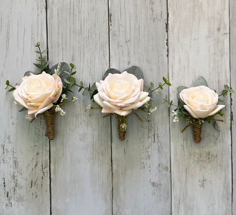 Realistic Rose, Rose Boutonniere, Blush Bouquet, Real Touch Flowers, Groom Boutonniere, Eucalyptus Wedding, Wedding Leaves, Corsage Wedding, Ivory Flowers