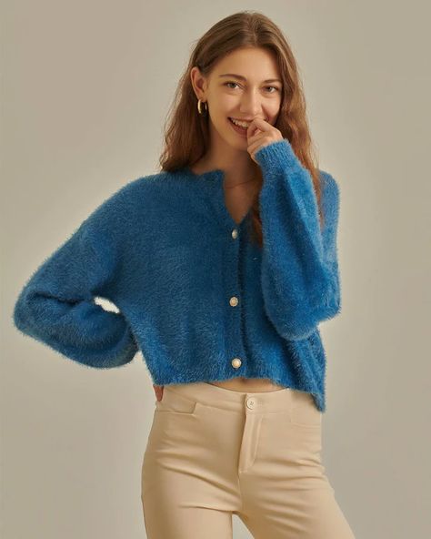 Women's Tops - Tees, Blouse & Sweater for Women | RIHOAS Casual Cardigan Sweater, Pretty Cardigans, Best Cardigans, Feather Yarn, Fluffy Cardigan, Tailored Clothes, Perfect Cardigan, Fuzzy Cardigan, Short Cardigan