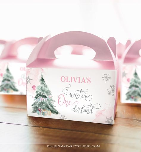 Editable Winter ONEderland Gable Gift Box Label Girl Birthday Treat Box Label Snow Tree Christmas Snowflake Download Printable Corjl 0363 by DesignMyPartyStudio on Etsy Winter Onderland Party Favors, Winter Onederland Birthday Party, Onederland Birthday Party, Winter Onederland Birthday, Birthday Treat, Snow Tree, First Birthday Party Themes, Winter Onederland, Treat Box