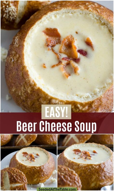 An easy creamy beer cheese soup recipe enhanced with the flavor of bacon and cooked in one pot.  Serve in our homemade pretzel bread bowls! Soup For Bread Bowls Easy Recipes, Bread Bowls Soup Recipe, Bread Bowl Soup Ideas, Soups For Bread Bowls, Bread Soup Bowls, Easy Beer Cheese Soup, Soup In A Bread Bowl, Easy Beer Cheese, Soup Stovetop