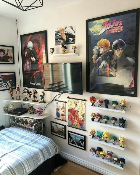 Bedroom With Posters, Anime Room Ideas, Anime Bedroom Ideas, Manga Shelf, Anime Bedroom, Posters On Wall, Posters On Wall Bedroom, Cool Room Designs, Otaku Room