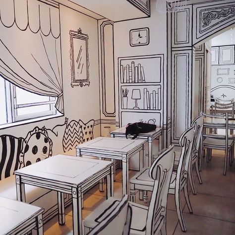 This Unusual Cafe In Japan Will Make You Feel Like You Stepped Into A Cartoon (18 Pics) | Bored Panda 2d Cafe, Monochrome Decor, Cafe Interior Design, Interior Design Art, Cafe Interior, Cafe Design, A Cartoon, Restaurant Design, 인테리어 디자인