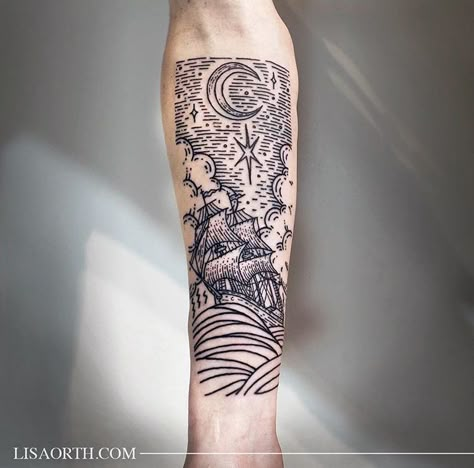 @margaritapacas Nautical Tattoos, Wave Tattoo Design, Etching Tattoo, Woodcut Tattoo, Traditional Tattoo Flowers, Engraving Tattoo, Literary Tattoos, Cool Tattoo Ideas, Wave Tattoo