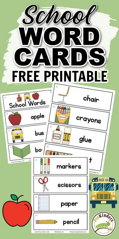 Prekinders features this colorful set of printable school word cards. This set is great to use at the beginning of the school year! Grab this free printable and check out Prekinder's creative ideas to use these word cards! School Words With Pictures, Word Of The Day Preschool, Panda Classroom, Word Wall Ideas, School Words, Book Chair, Come Back To School, Language Concepts, School Vocabulary