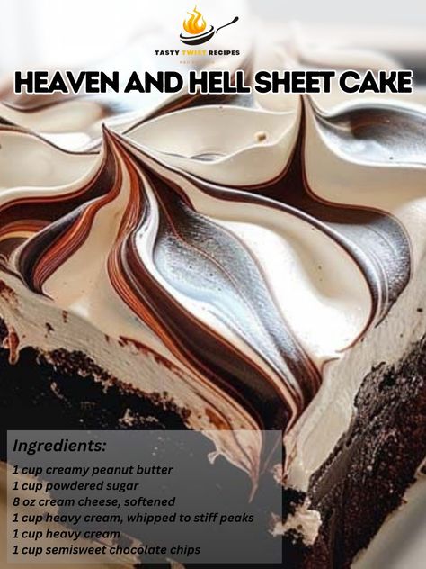 Heaven and Hell Cake is a show-stopping dessert that combines the best of both worlds: the rich decadence of devil's food cake (hell) and the airy lightness of angel food cake (heaven), all layered together with a luscious peanut butter mousse and covered in a smooth chocolate ganache. The cake is usually prepared as a multi-layered round cake, but adapting it into a sheet cake format can make it more accessible for various occasions without sacrificing its stunning appeal. Here’s a simplifie... Desserts Using Devils Food Cake, Heaven And Hell Sheet Cake, Heaven And Hell Cake, Chocolate Angel Food Cake Recipe, Devils Food Cake Mix Recipe Ideas, Recipe With Devils Food Cake, Frosting For Devils Food Cake, Devil's Food Cake Recipe, Homemade Devils Food Cake