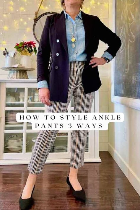 How to style plaid ankle pants 3 ways How To Style Checked Pants, How To Style Ankle Pants, Ankle Dress Pants Outfit, How To Wear Ankle Pants In Winter, Shoes For Ankle Length Pants, Shoes To Wear With Ankle Pants, Ankle Pants Women Outfit, Black And White Plaid Pants Outfit, Plaid Pants Outfit Work