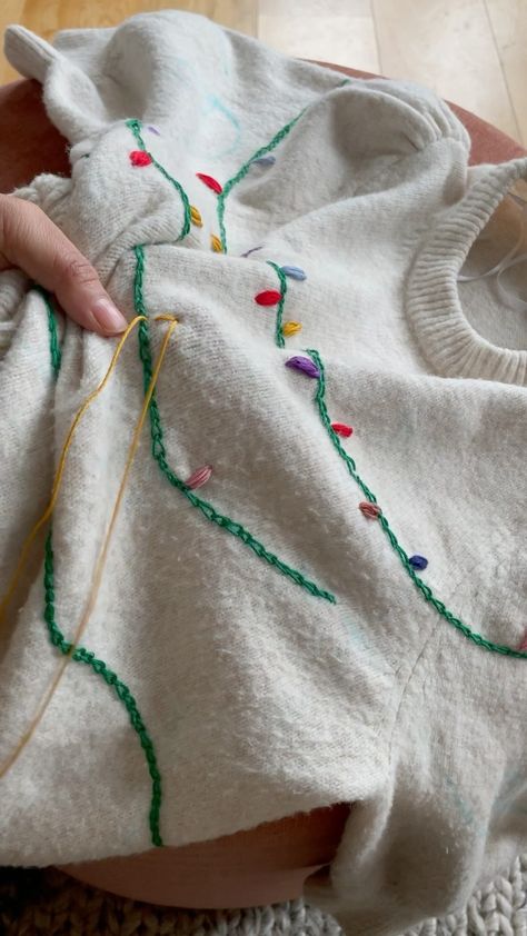 plystreknitwear on Instagram: A small glimpse of the process 🎄 Making my very own holiday sweater from a second hand blouse! #christmassweater #embroidery #christmas… Hand Embroidery Christmas Sweater, Yarn Embroidery On Sweater, Hand Embroidery Sweater, Hand Embroidery Christmas, Embroidery Sweater, Embroidery Christmas, Xmas Sweater, Knit Picks, Modern Embroidery