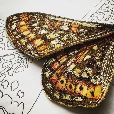 This will be the last hatching before Christmas, a Marsh Fritillary heading off to @rammuseum later today for their Dartmoor exhibition… Embroidered Insects, Moth Hand Embroidery, Insect Textiles, Textile Moth, Moth Fabric Pattern, Bug Art, Faux Taxidermy, Fibres Textiles, Nuno Felting