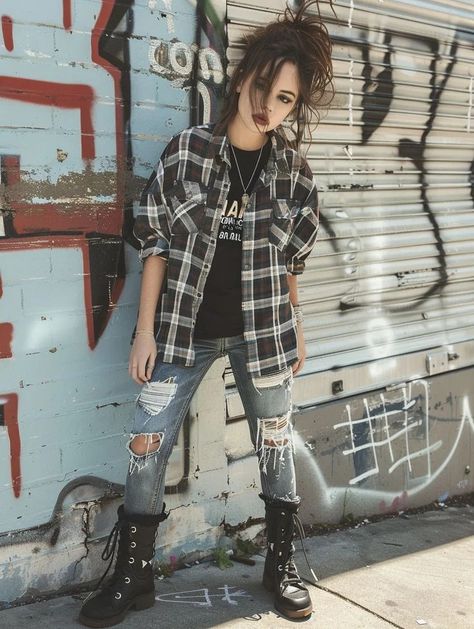 21 Cool Grunge Outfit Ideas for 2024: The Ultimate Edgy Style Guide 2 Skirt With Fishnets, 90s Grunge Outfits, Grunge Outfit Ideas, 90s Grunge Style, Layered Clothing, Women Grunge, Jeans And Combat Boots, Combat Boot Outfit, 90’s Grunge