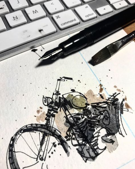 Harley Davidson Sketch, Watercolor Motorcycle, Motorcycle Drawing, Bike Sketch, Sketch Ink, Mixed Media Techniques, Ink Watercolor, Motorcycle Art, Urban Sketching