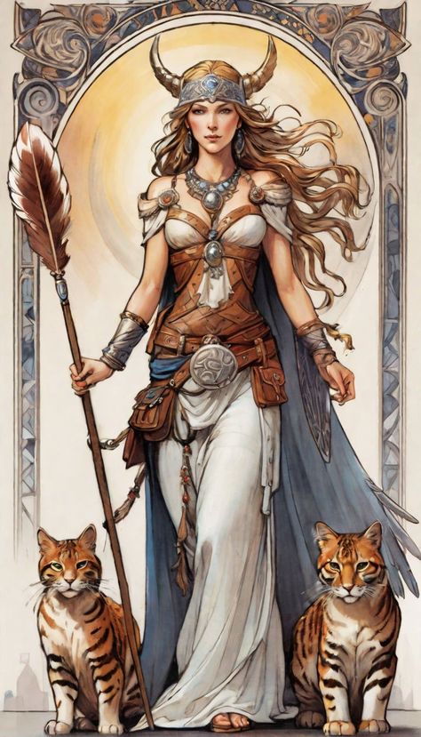 Freya Tattoos, Freyja Aesthetic, Odin Mythology, Gods Symbols, Scandinavian Warrior, Norse Goddess Freya, Freyja Goddess, Northern Mythology, Goddess Freya