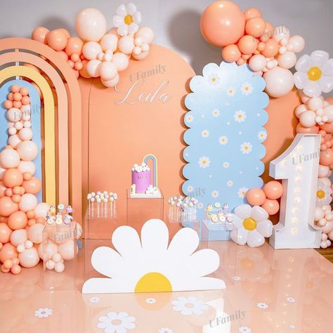 Daisy Balloon Arched Garland Set Pink Yellow Sunflower Birthday Bohemian Party KT Board Baby Shower First Birthday Girl Themes Decoration, Daisy Themed Birthday Party Backdrop, Unique Backdrop Ideas, Groovy First Birthday, Pastel Backdrop, Arch Backdrops, Birthday Concept, Hippie Birthday Party, Princess Birthday Party Decorations