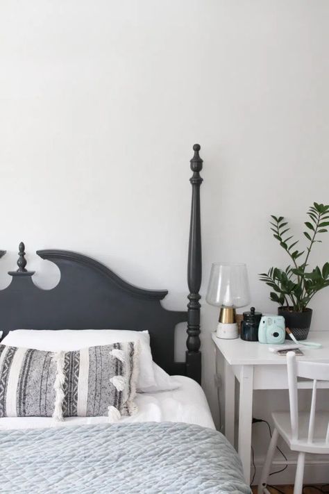 Painted Furniture | Bed Makeover Painting Bedframe, Painting A Bed Frame, Painted Headboard Wooden, Black Painted Headboard, Painted Bedframe, Painted Wood Bed Frame, Grey Painted Bed, Painted Headboards, Painted Bed Frame