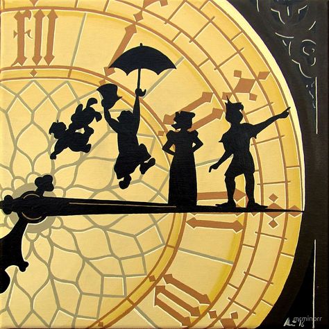 peter pan clock- acrylic painting by mrminorr Disney Characters Peter Pan, Peter Pan Clock, Peter Pan Painting, Peter Pan Drawing, Peter Pan Art, Disney Canvas Art, Disney Canvas, Clock Painting, Disney Paintings