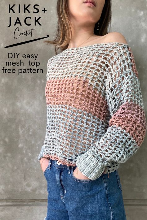 Girl wearing mesh net crochet sweater Mesh Jumper Crochet Pattern, Crochet Net Sweater Pattern, Crochet Off The Shoulder Sweater Pattern, Crochet Mesh Top Long Sleeve Pattern Free, Crochet Long Sleeve Mesh Top, Crochet Mesh Tops Free Patterns, Crochet Mesh Sweater Pattern Free, Net Sweater Crochet, Light Crochet Sweater