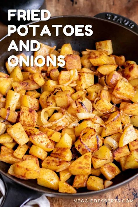 This simple Fried Potatoes and Onions recipe is tasty, easy, and only requires a few ingredients! Cubed potatoes and onions are pan-fried in a skillet with simple seasonings until golden brown and crispy. Serve this easy side dish with breakfast, lunch, or dinner! Easy Fried Potatoes, Fried Shredded Potatoes, Fried Red Potatoes, Fried Potatoes And Onions, Cast Iron Skillet Recipes Dinner, Oven Fried Potatoes, Pan Fried Potatoes, Fried Potatoes Recipe, Red Potato Recipes