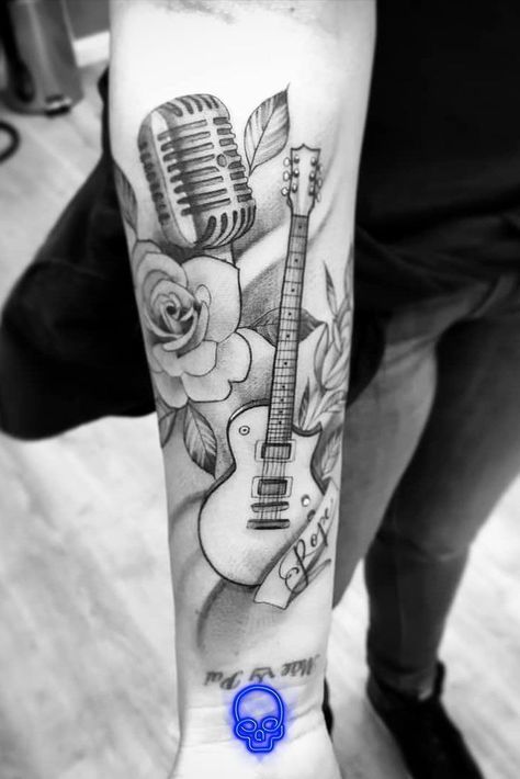 Arm Tattoos Music, Rock Music Tattoo, Tattoo Homme, Guitar Tattoo Design, Music Tattoo Sleeves, Rock Tattoo, Flame Tattoos, Music Tattoo Designs, Guitar Tattoo