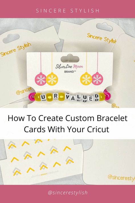 Pink and yellow bracelet cards with peg hole on top of white paper Diy Bracelet Cards Packaging, Diy Bracelet Display Cards, Bracelet Card Template Free Printable, Bracelet Cards Packaging, Bracelet Card Template, Cricut Bracelet, Diy Bracelet Holder, Bracelet Cards, Bracelet Template