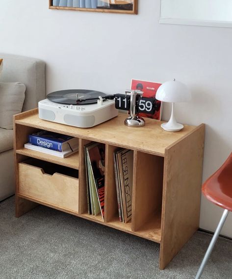 Plywood Record Storage, Condo Storage, Mid Century Night Stand, Night Stand Modern, Plywood Side Table, Plywood Shelf, Cool Things To Build, Side End Table, Diy Furniture Hacks