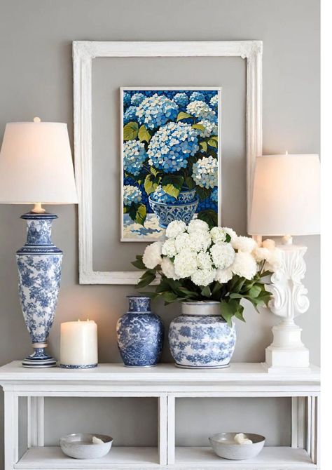 Cobalt Blue Home Decor, Blue And White Hallway, White Decor Bedroom, Hamptons Interior Design, Blue And White Home Decor, Hydrangea Wall Art, Hydrangea Wall, Blue And White Living Room, Drawing Home