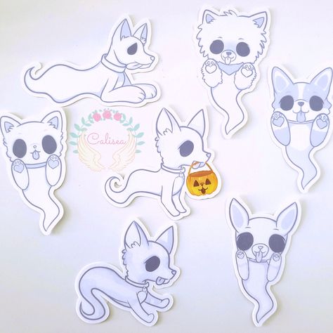 Decorate your waterbottle, laptop, or car with these spooky halloween ghost dog stickers! Drawn and handmade by Calisea.co Colored Ghost Tattoo, Ghost Dog Pumpkin Carving, Ghost And Dog Tattoo, Ghost Dog Drawing, Ghost Dog Tattoo, Spooky Sketches, Ghost Animals, Water Bottle Decor, Cat And Dog Tattoo