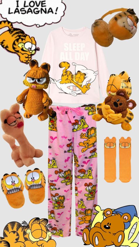 #garfield #garfieldthecat #outfitinspo #plushies #cats Garfield Pajama Pants, Garfield Pj Pants, Garfield Pjs, Garfield Onesie, Garfield Pajamas, Garfield Videos, Garfield House, 16th Birthday Wishlist, Friend Group Ideas