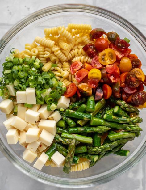 pasta, scallions, tomatoes, asparagus, cheddar in a bowl Spring Pasta Salad Recipes, Salad Recipes Spring, Salad With Honey Mustard Dressing, Spring Pasta Salad, Asparagus Salad Recipe, Asparagus Pasta Salad, Salad Spring, Spring Pasta, Asparagus Seasoning