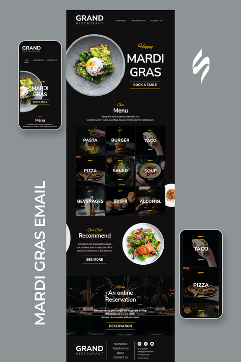 Mardi Gras Email Template "Grand restaurant" for Restaurants industry. Create professional, responsive emails fast with no coding skills. Follow us on Pinterest for more inspiration and tips. 🤗 #mardigras #stripoemail #emailnewsletter #emailtemplate #emaildesign #emailmarketing Restaurant Email Design, Email Marketing Design Newsletter Templates, Newsletter Design Templates, Coding Skills, Mail Template, Email Marketing Design Inspiration, Holiday Emails, Email Blast, Email Template Design