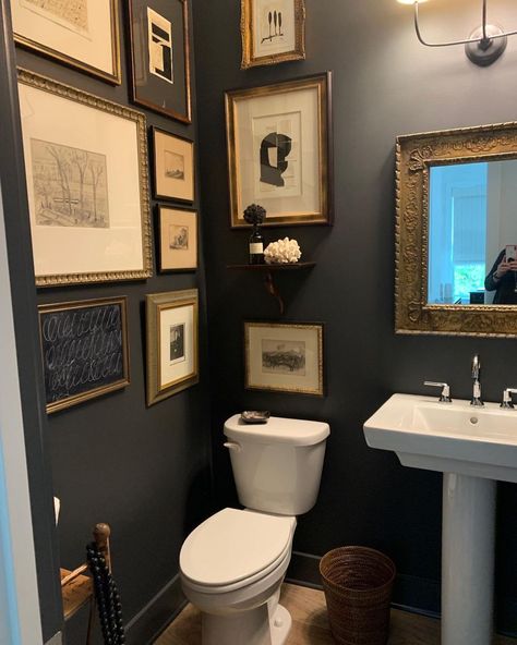 Black Paint Colors, Bathroom Facelift, Black Powder Room, Tiny Powder Rooms, Wrought Iron Paint, Tiny Powder Room, Mini Bad, Condo Bathroom, Black Paint Color