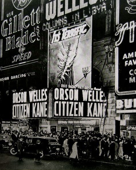 At 25, Orson Welles cowrote, directed, and played the title role in the most influential American movie since The Birth of a Nation. Technically daring, wickedly insolent, it recaps the rise of a megalomaniacal press lord. A miffed William Randolph Hearst told his papers not to run ads for Citizen Kane, which on its release in 1941 was a box-office bomb. Vintage Movie Theater, People On The Street, Richard Hamilton, Movie Marquee, Damien Chazelle, Citizen Kane, Vintage Theatre, Septième Art, I Love Cinema