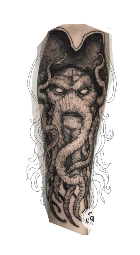 Davy Jones Tattoo, Ukulele Tattoo, Skull Hand Tattoo, P Tattoo, Sketches Tattoo, Pirate Tattoo, Sea Tattoo, Stencil Outline, Greek Tattoos