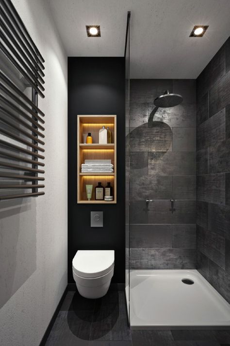 Small Dark Bathroom Ideas: Making the Most of Limited Space Introduction When it comes to designing a bathroom, many homeowners find themselves with a small, dark space to work with. While this may seem like a challenge, it’s important to remember that with the right approach, you can create a beautiful and functional bathroom that feels spacious and welcoming. In this article, we’ll share some of our favorite small dark bathroom ideas to help you get started. Lighting These Small Small Dark Bathroom, Minimalist Small Bathrooms, Makeover Kamar Mandi, Dark Bathrooms, Bathroom Remodel Shower, Trendy Bathroom, Bad Design, Small Bathroom Design, Interior Modern