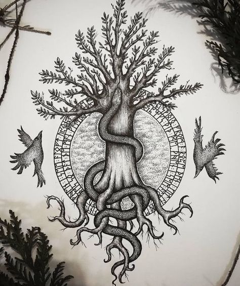 Viking Sleeve, Runes Tattoo, Norse Tattoos, Yggdrasil Tattoo, Viking Rune Tattoo, Tree Tat, Rabe Tattoo, Norse Mythology Tattoo, Pagan Tattoo