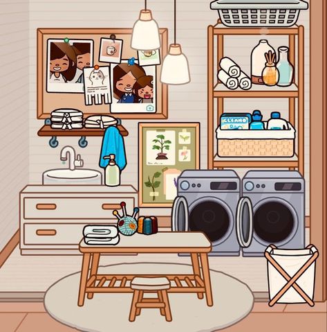 Toca World Modern Mansion Laundry Room, Toca Life World Aesthetic Laundry Room, Toca Boca House Laundry Room, Toca Boca Wash Room Ideas, Toca Boba Bedroom Ideas, Aesthetic Laundry Room Toca Boca, Laundry Ideas Toca Boca, Toca Boca Laundry Room Big Family Home, Laundry Room Design Toca Boca