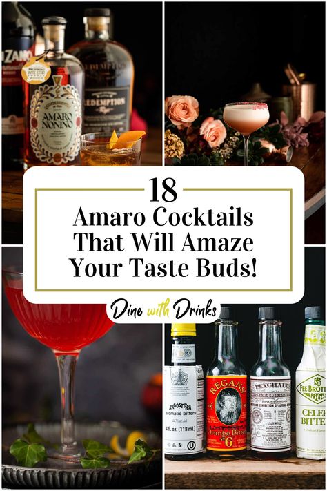 Collage of 4 amaro cocktails. Averna Cocktails, Amaro Cocktails, Cranberry Juice Cocktail, Liquor Recipes, Aromatic Bitters, Tiki Drinks, Fancy Drinks, Perfect Cocktails, Food Pairings